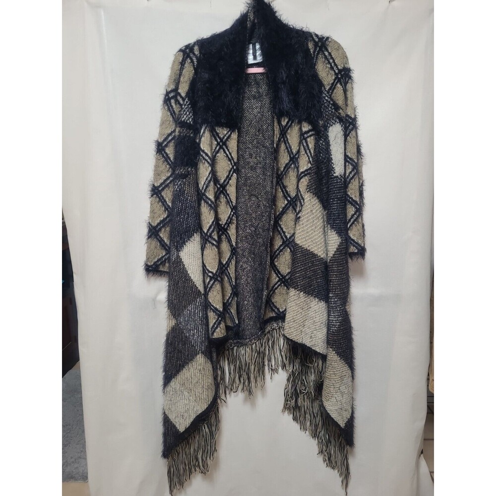 BCBGMaxazria Fringed Long Sweater Open Cardigan Small Black Tan Plaid Cozy Warm
